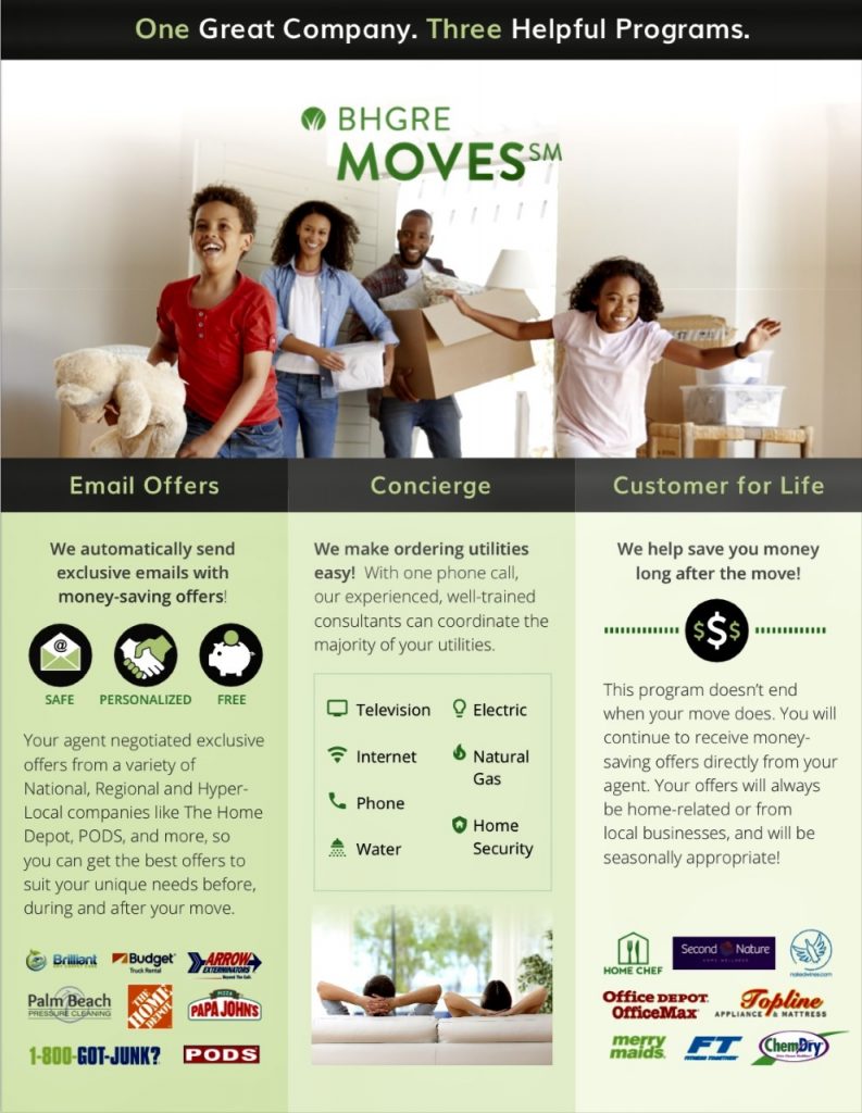Flyer for BHGRE Moves program. Discounts, utility concierge, and offers for life.