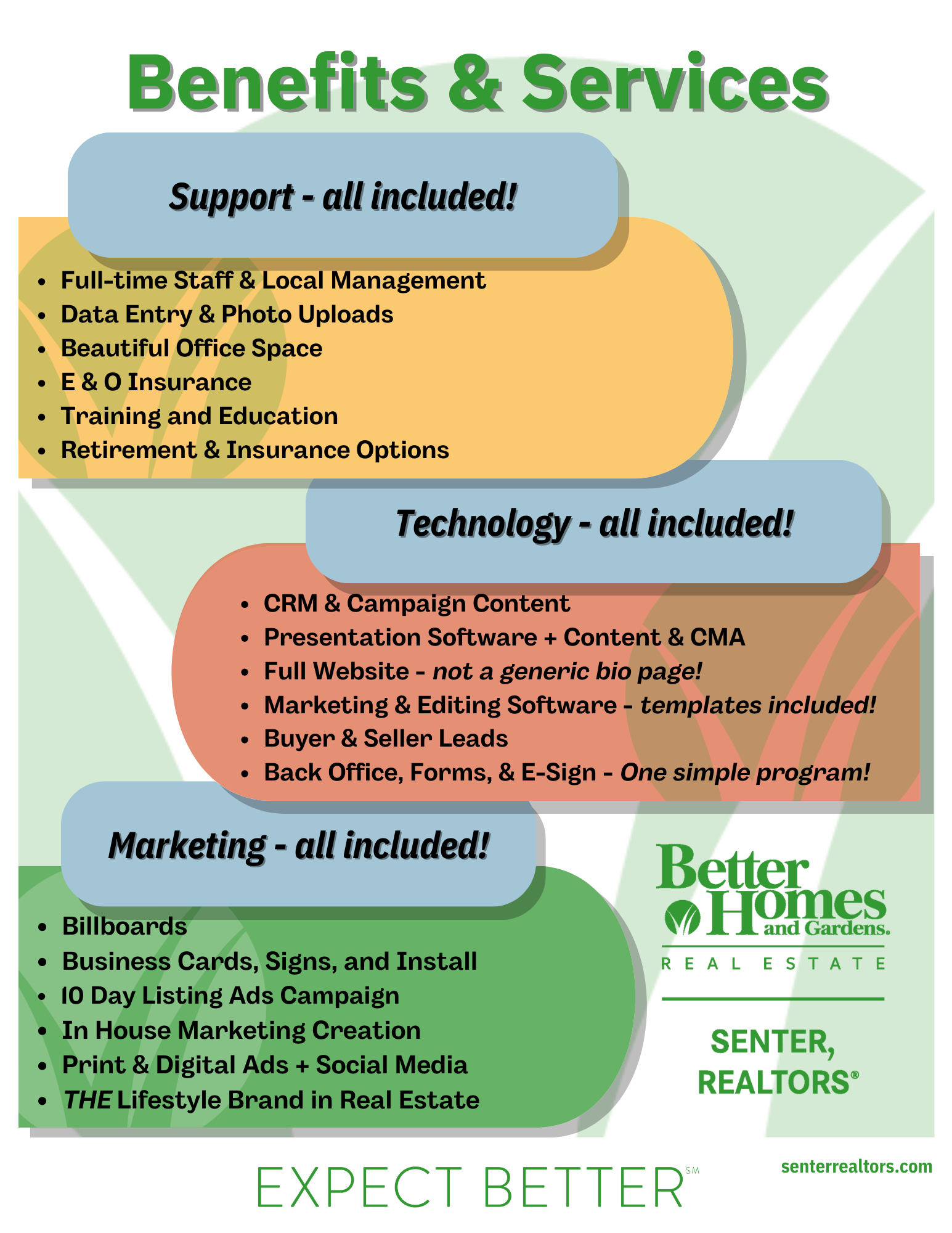 Flyer of career benefits and services offered at BHGRE Senter, REALTORS