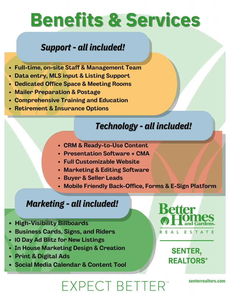 Flyer of career benefits and services offered at BHGRE Senter, REALTORS