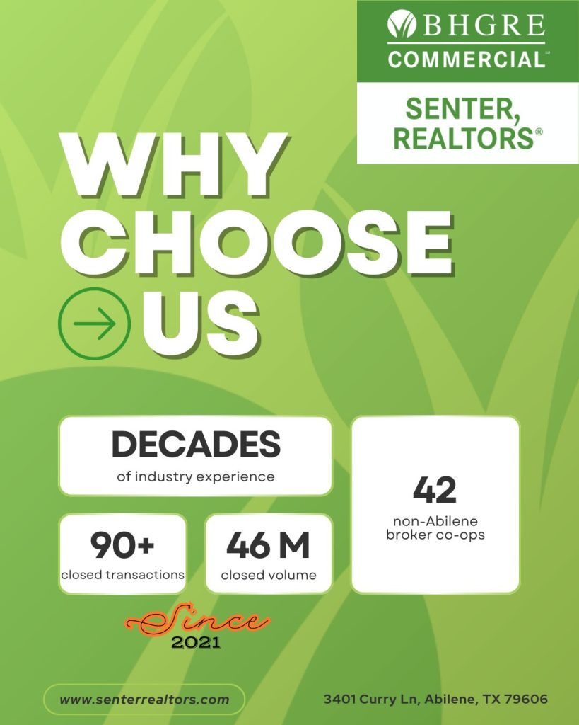 A promotional graphic for BHGRE Commercial Senter, REALTORS® highlighting their industry experience and achievements. The design features a green background with bold white text stating 'Why Choose Us.' Key statistics include 'Decades of industry experience,' '90+ closed transactions,' '$46M closed volume,' and '42 non-Abilene broker co-ops.' The company has been serving clients 'Since 2021.' Contact details, including the website (www.senterrealtors.com) and office address (3401 Curry Ln, Abilene, TX 79606), are displayed at the bottom.