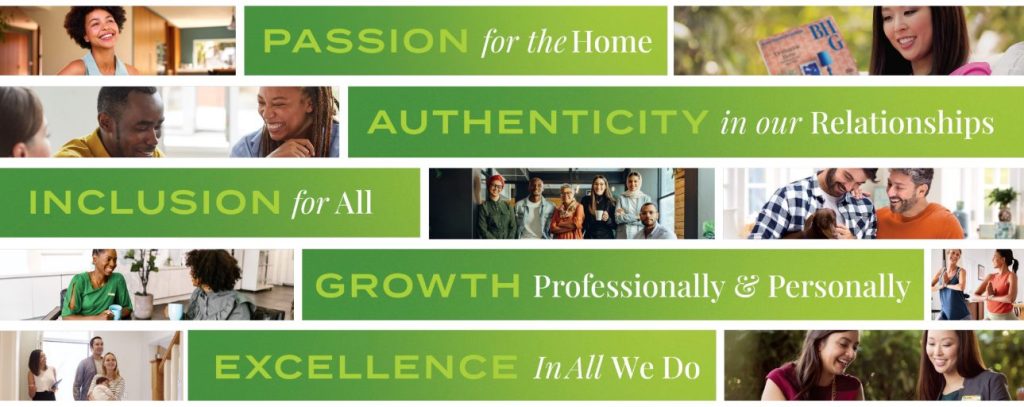 Image showcasing Better Homes and Gardens® Real Estate core values with accompanying visuals. The core values are: Passion for the Home, Authenticity in our Relationships, Inclusion for All, Growth Professionally & Personally, and Excellence in All We Do. Each value is paired with diverse and inclusive images of individuals and families in warm, home-related settings, representing these principles.