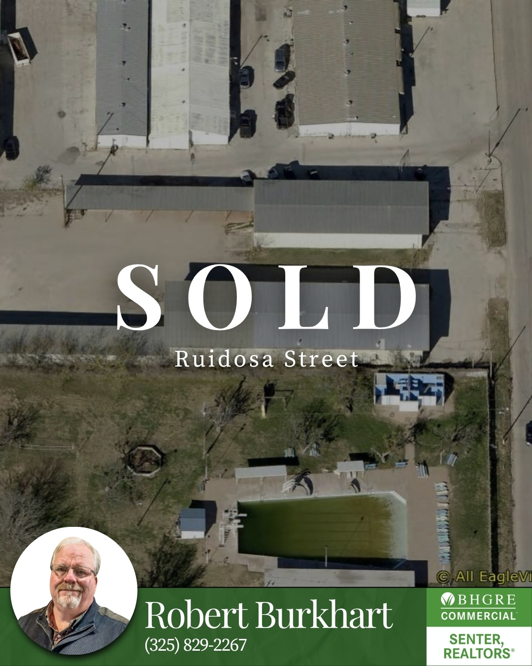 Commercial property sold by BHGRE Senter, REALTORS® in Abilene, Texas, marketed by commercial REALTOR® Robert Burkhart. Social media graphic featuring a recently sold commercial real estate property.