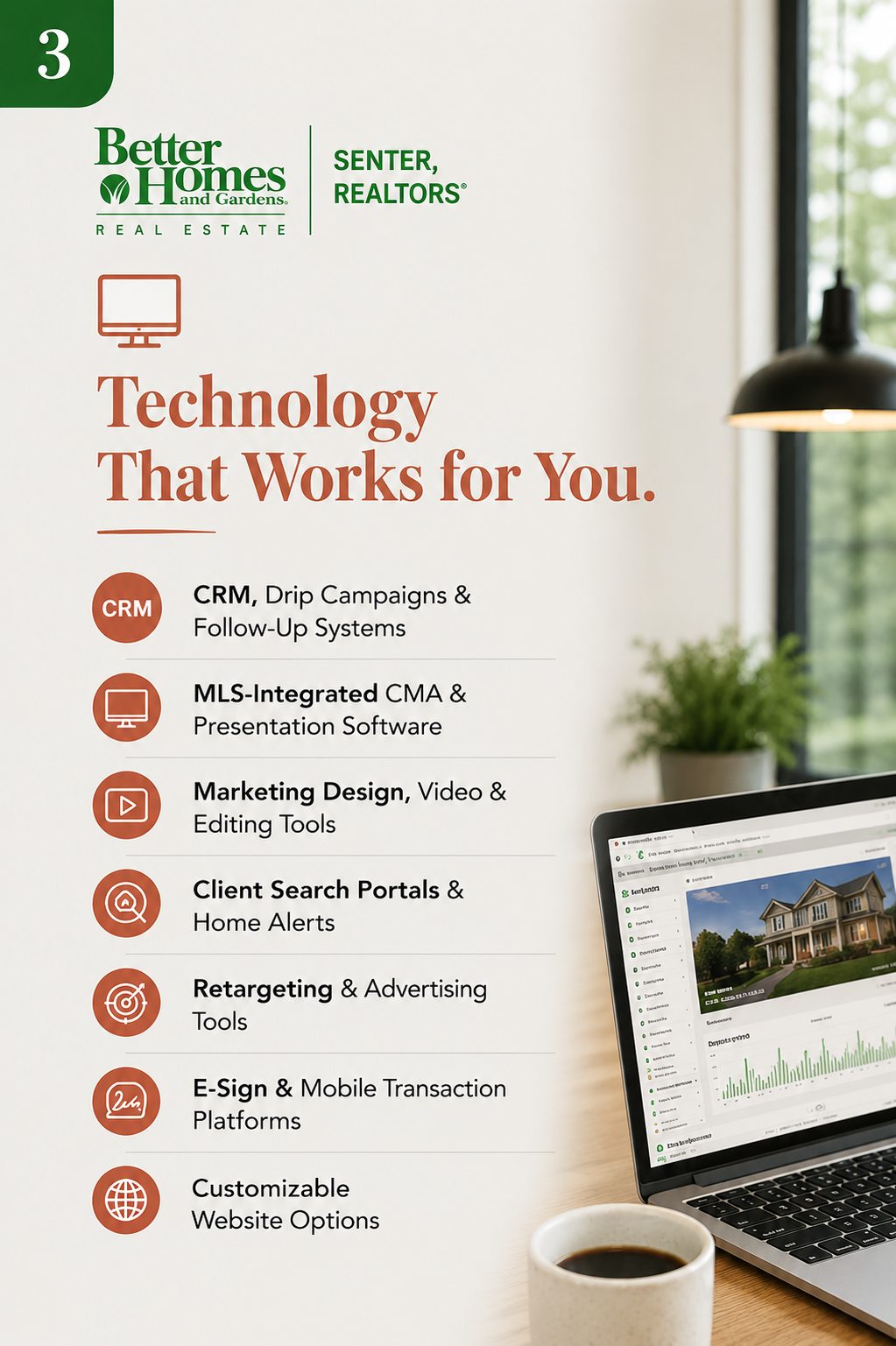 Technology-focused recruiting graphic for Better Homes and Gardens Real Estate Senter, REALTORS featuring a laptop displaying real estate software analytics and marketing tools. Text highlights CRM systems, CMA presentation software, marketing tools, retargeting tools, e-sign platforms, and customizable website options.