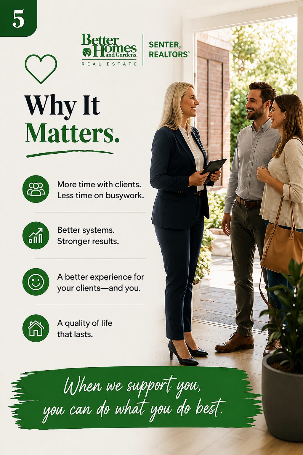 Lifestyle-focused recruiting graphic for Better Homes and Gardens Real Estate Senter, REALTORS showing a REALTOR welcoming clients at the front door of a home. Text emphasizes more time with clients, less time on busywork, stronger systems, better client experiences, and improved quality of life for agents.