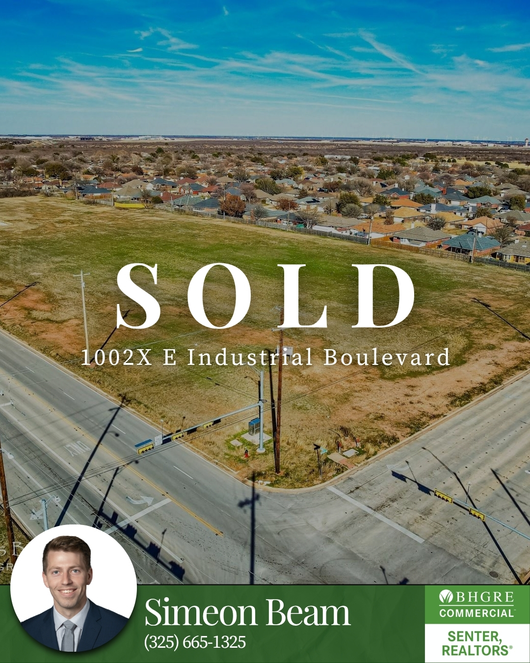 Commercial land property sold by BHGRE Senter, REALTORS® in Abilene, Texas. Aerial view of a large corner development tract marketed by commercial REALTOR® Simeon Beam.