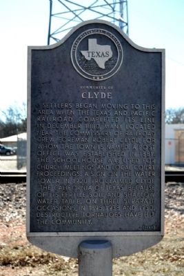 Town marker and local history sign in Clyde, Texas