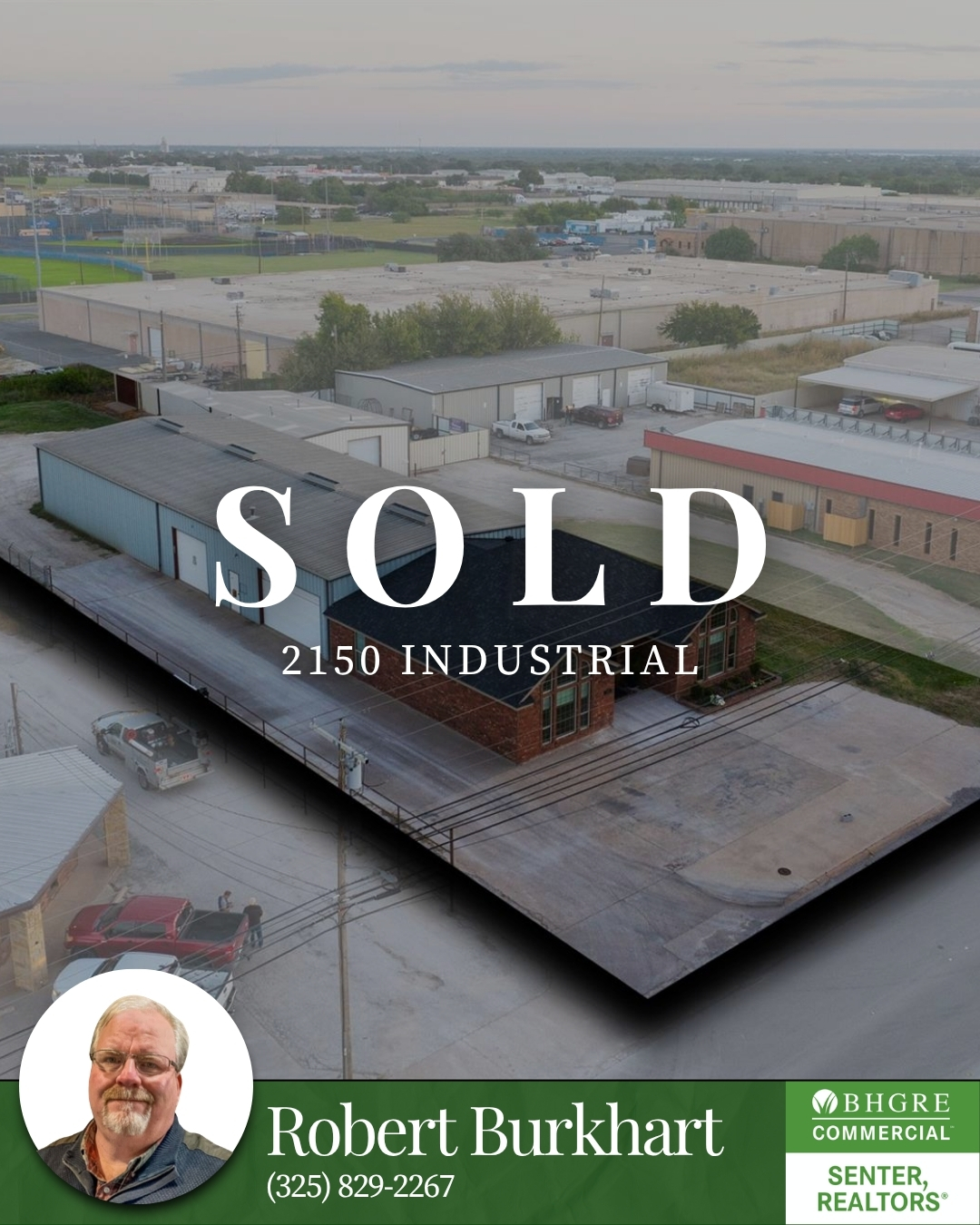 Industrial warehouse and office building sold at 2150 Industrial Boulevard in Abilene, Texas, represented by Robert Burkhart with BHGRE Senter, REALTORS® Commercial.
