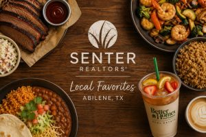 Food-themed graphic featuring barbecue, Mexican food, hibachi, tea, and coffee surrounding a Senter REALTORS® Local Favorites Abilene, TX logo.