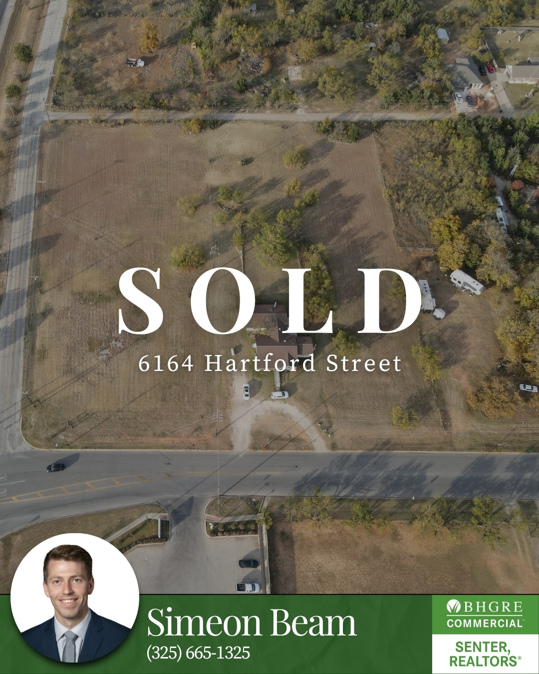 Sold commercial property at 6164 Hartford Street in Abilene, Texas represented by Simeon Beam of Better Homes and Gardens Real Estate Senter, REALTORS®. Aerial view of the property following a successful commercial real estate transaction.