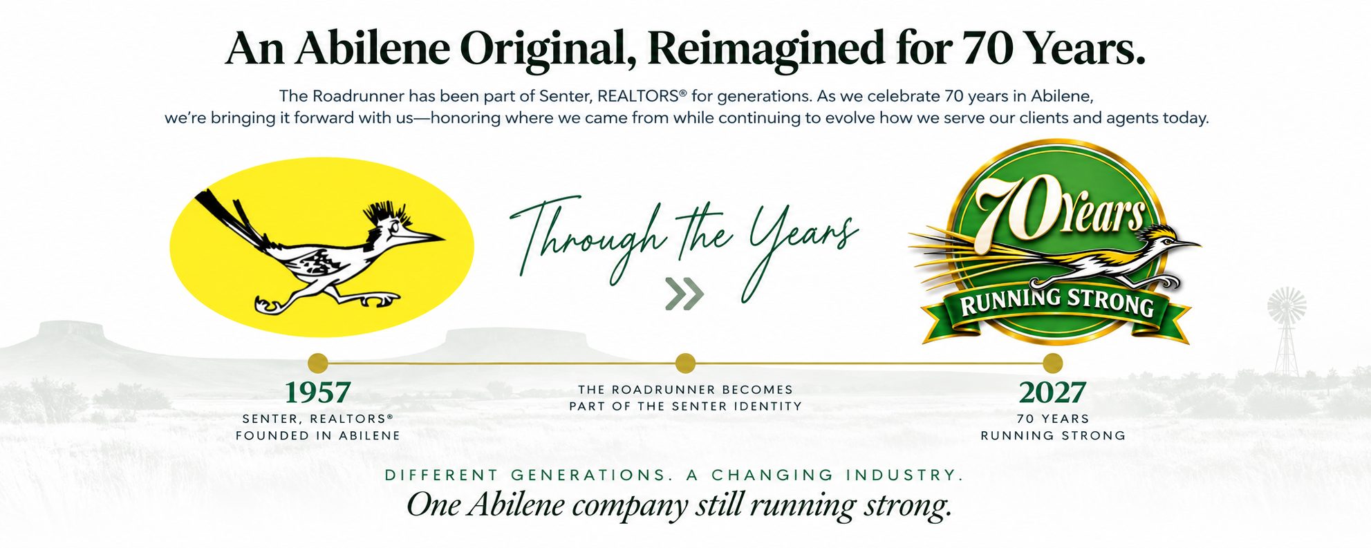 Senter, REALTORS® Roadrunner evolution from the original 1957 design to the 70 Years Running Strong anniversary badge, celebrating generations of real estate service in Abilene, Texas.