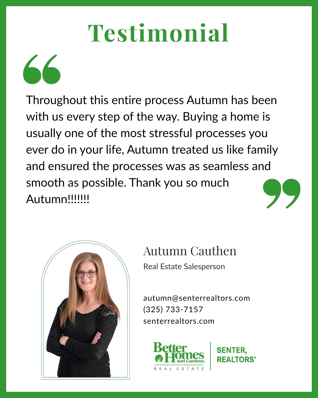 Client testimonial about working with BHGRE Senter REALTOR Autumn Cauthen.