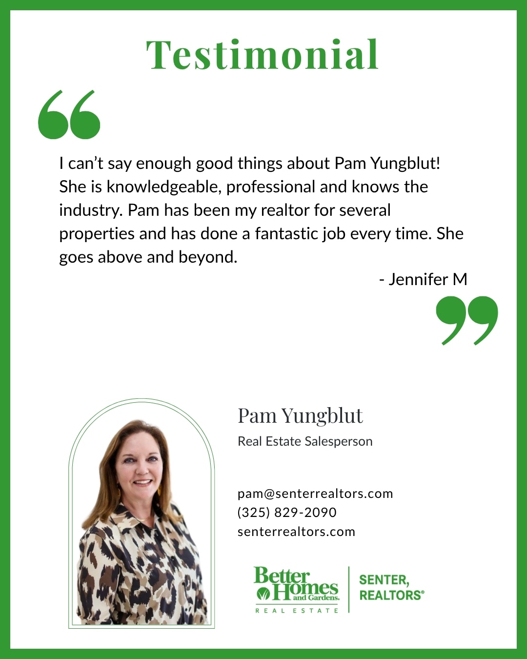 Client testimonial about working with BHGRE Senter REALTOR Pam Yungblut.